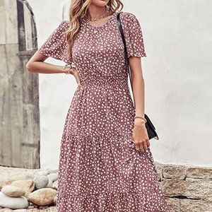 Women's Summer Casual Short Flutter Sleeve Round Neck Dress